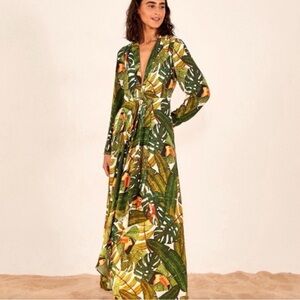 FARM Rio Leaf Print Long Sleeve Dress Medium